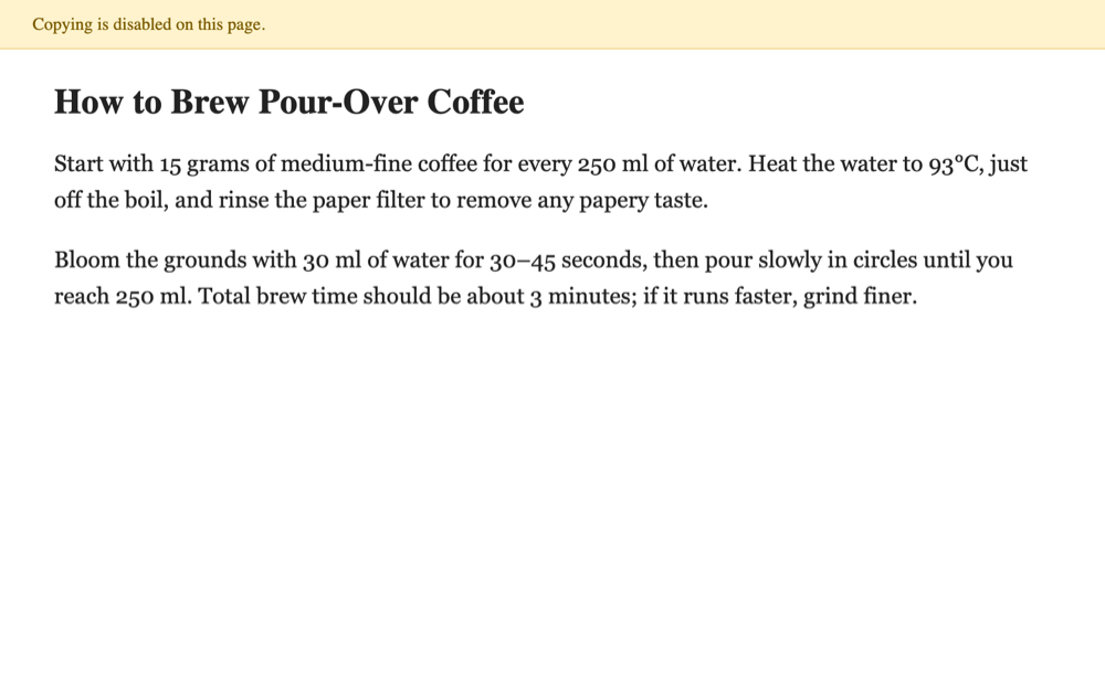 A recipe page with copying disabled