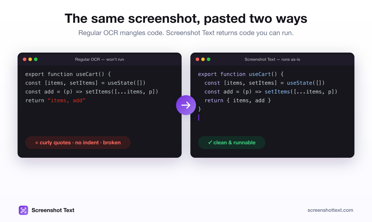 Plain OCR output compared with Code mode